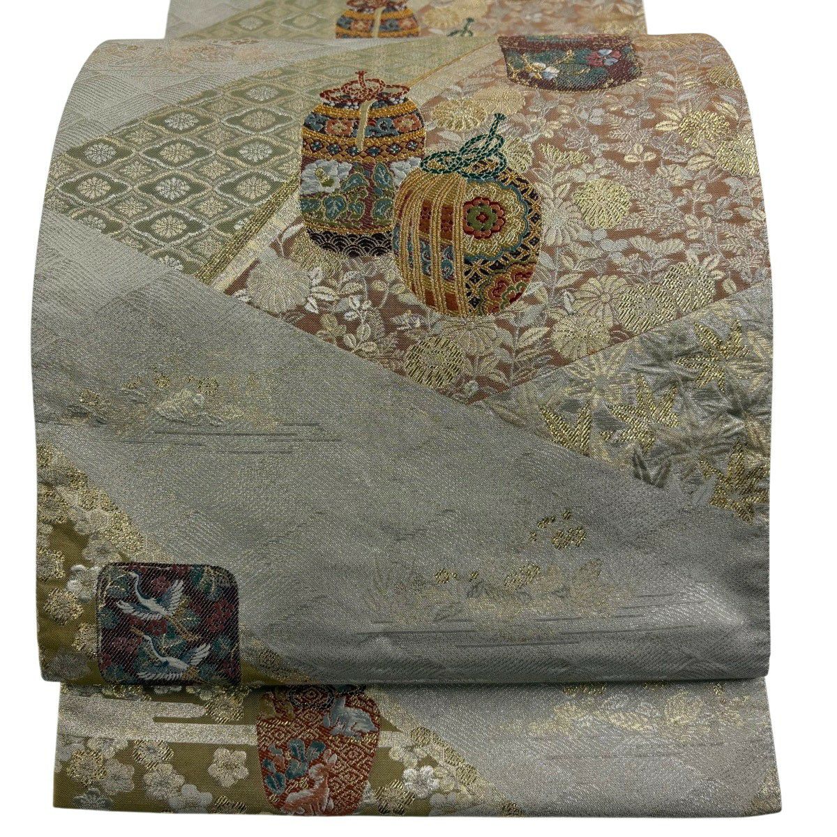 【美品】 袋帶 秀品級 仕覆 草花紋 金金箔 金絲 灰茶 六通 純蠶絲