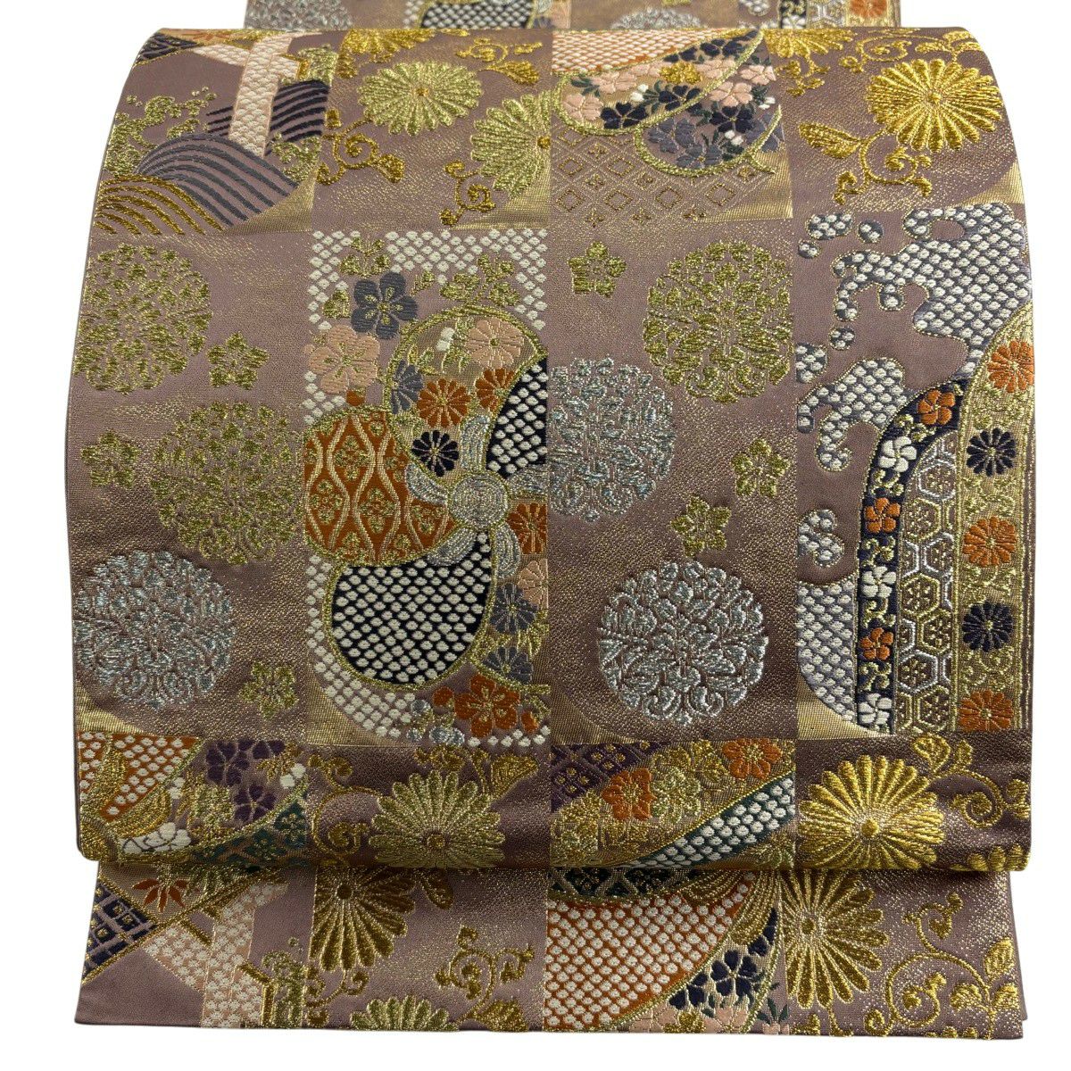 【美品】 袋帶 秀品級 菊花 波頭 金銀絲 小豆 深藍 六通 純蠶絲