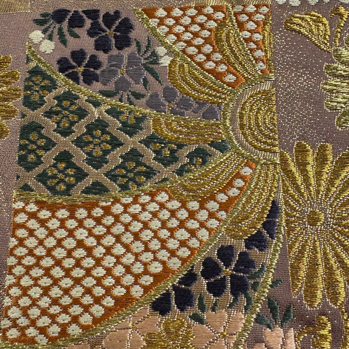 【美品】 袋帶 秀品級 菊花 波頭 金銀絲 小豆 深藍 六通 純蠶絲