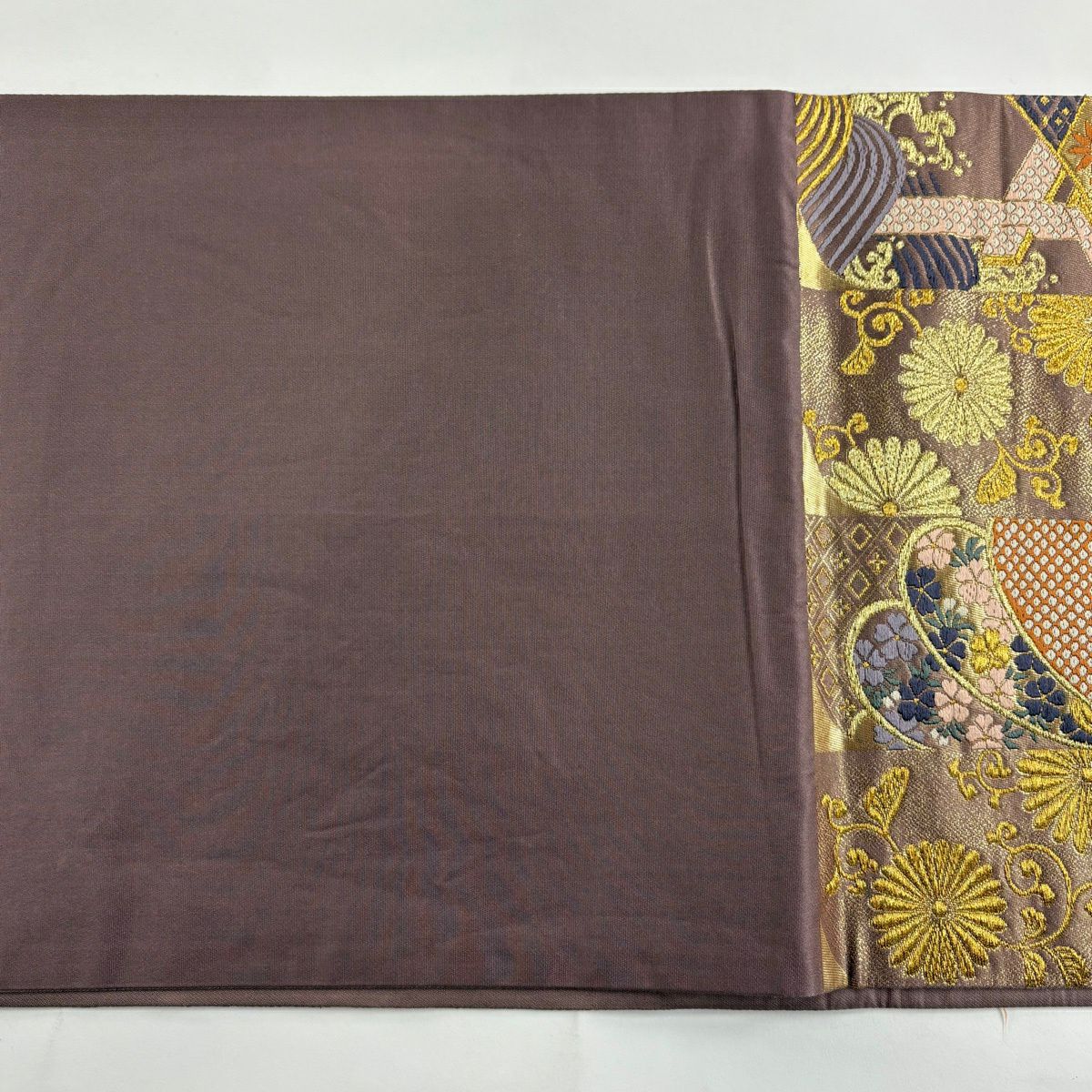 【美品】 袋帶 秀品級 菊花 波頭 金銀絲 小豆 深藍 六通 純蠶絲