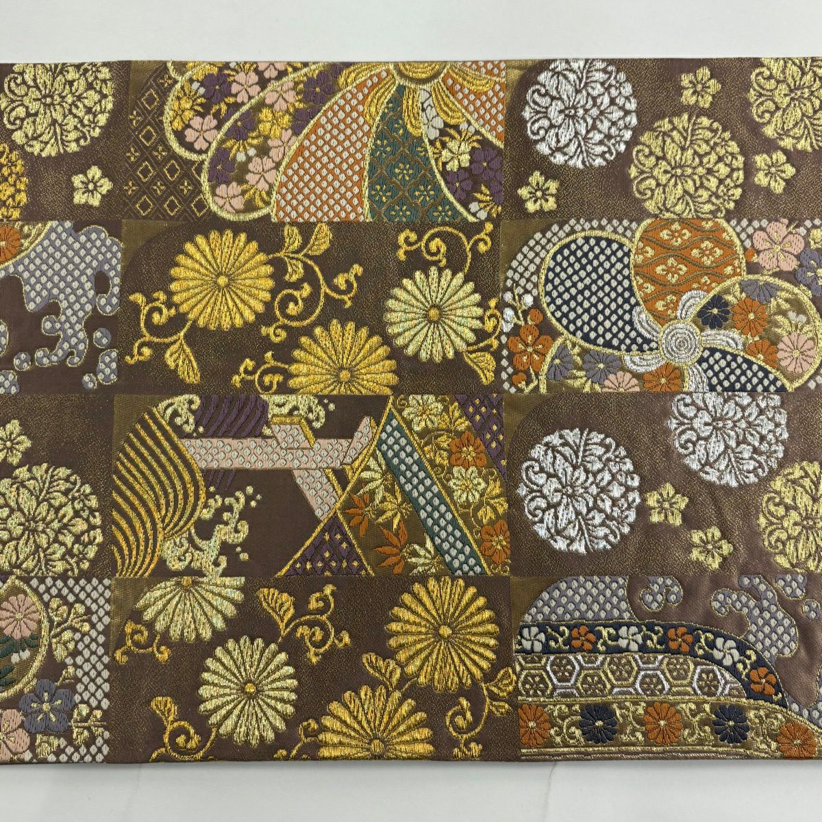 【美品】 袋帶 秀品級 菊花 波頭 金銀絲 小豆 深藍 六通 純蠶絲