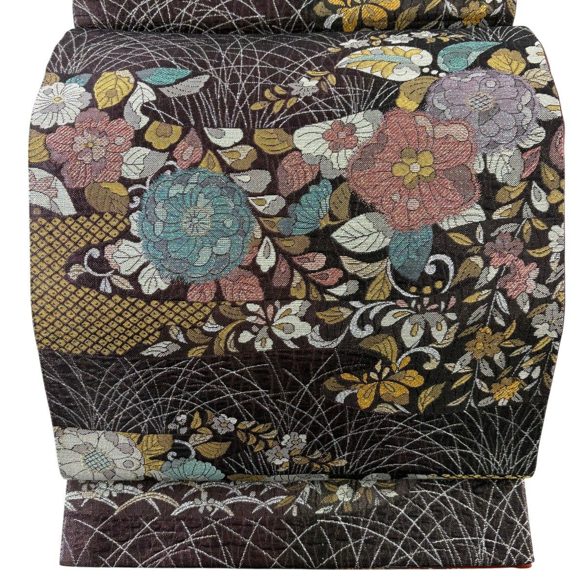 【美品】 袋帶 秀品級 辻花染 ヱ霞 金絲 金金箔 濃紫 六通 純蠶絲