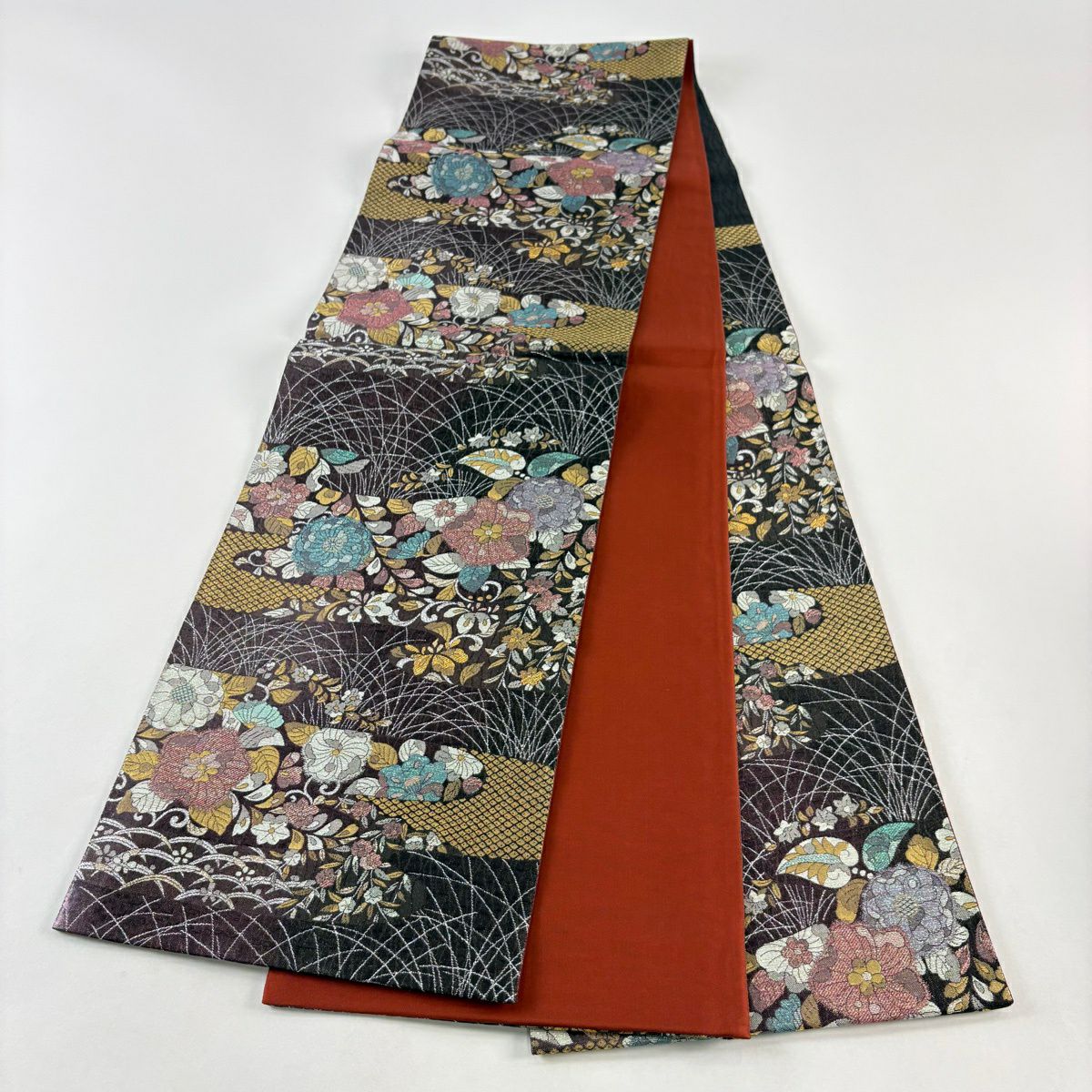 【美品】 袋帶 秀品級 辻花染 ヱ霞 金絲 金金箔 濃紫 六通 純蠶絲