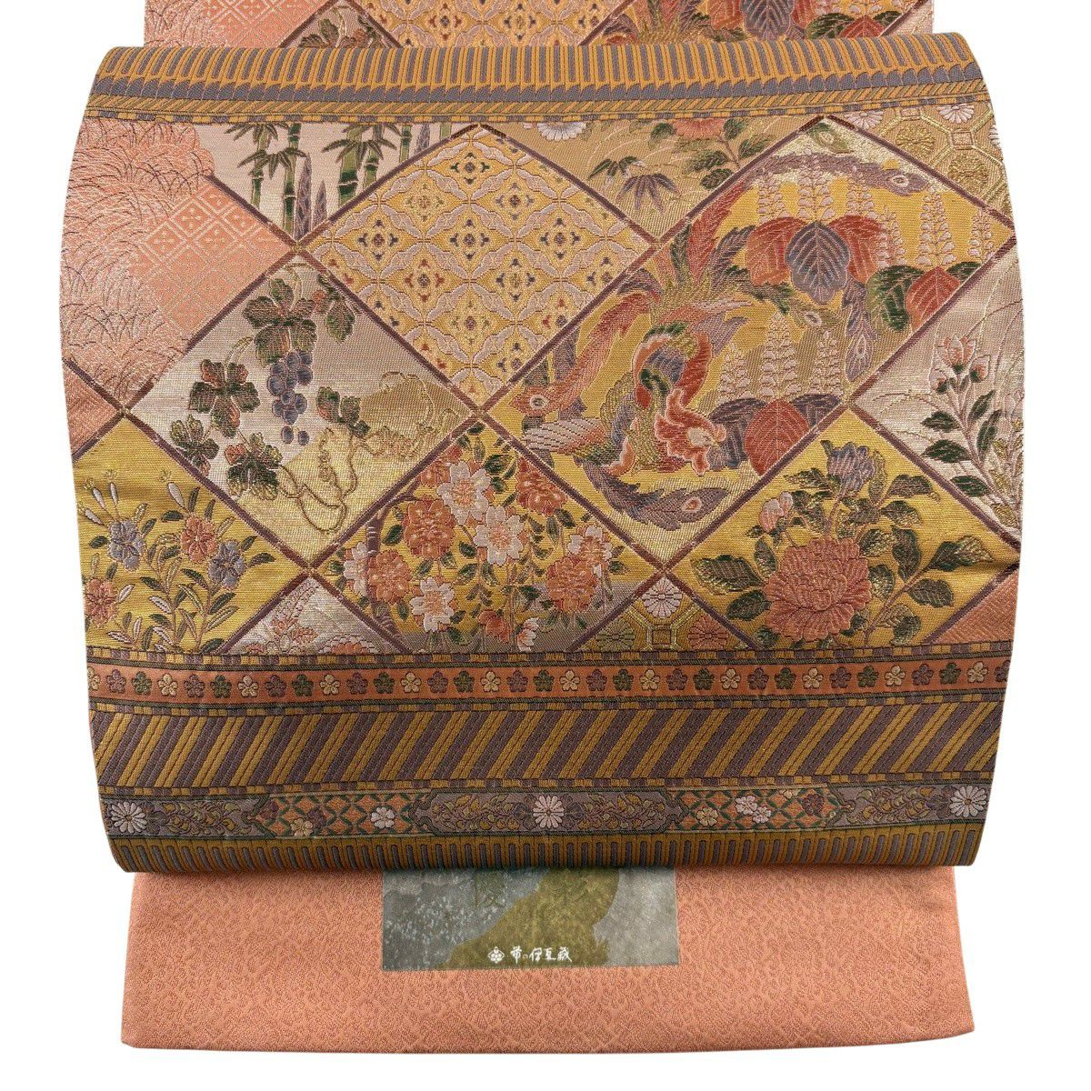 【美品】 袋帶 秀品級 證書齊全 鳳凰 草花紋紋 金金箔 金絲 鮭粉色 六通 純蠶絲