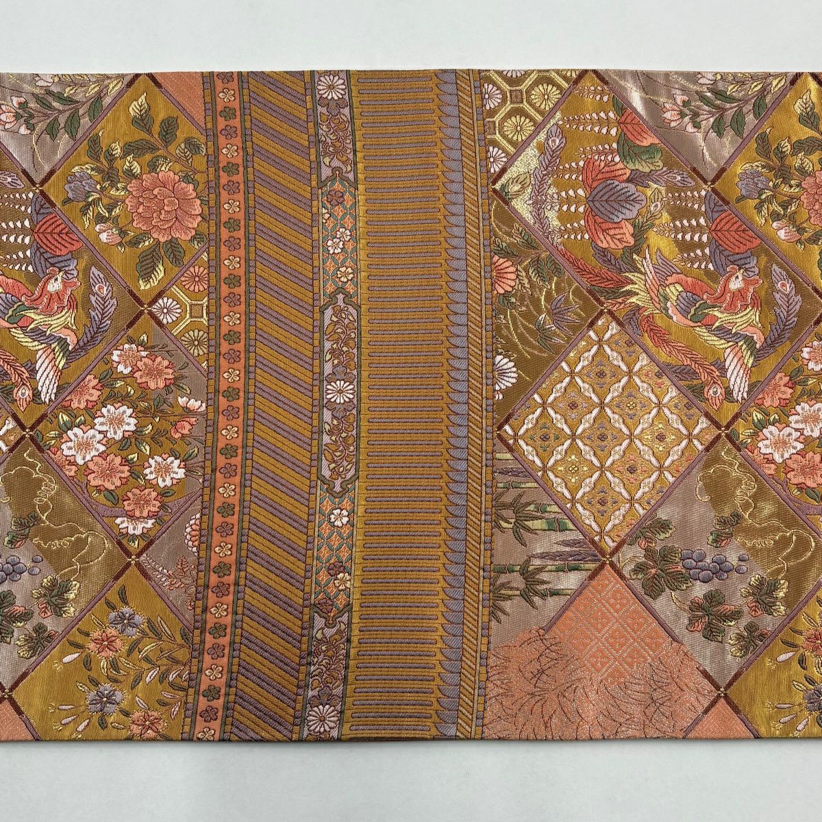 【美品】 袋帶 秀品級 證書齊全 鳳凰 草花紋紋 金金箔 金絲 鮭粉色 六通 純蠶絲