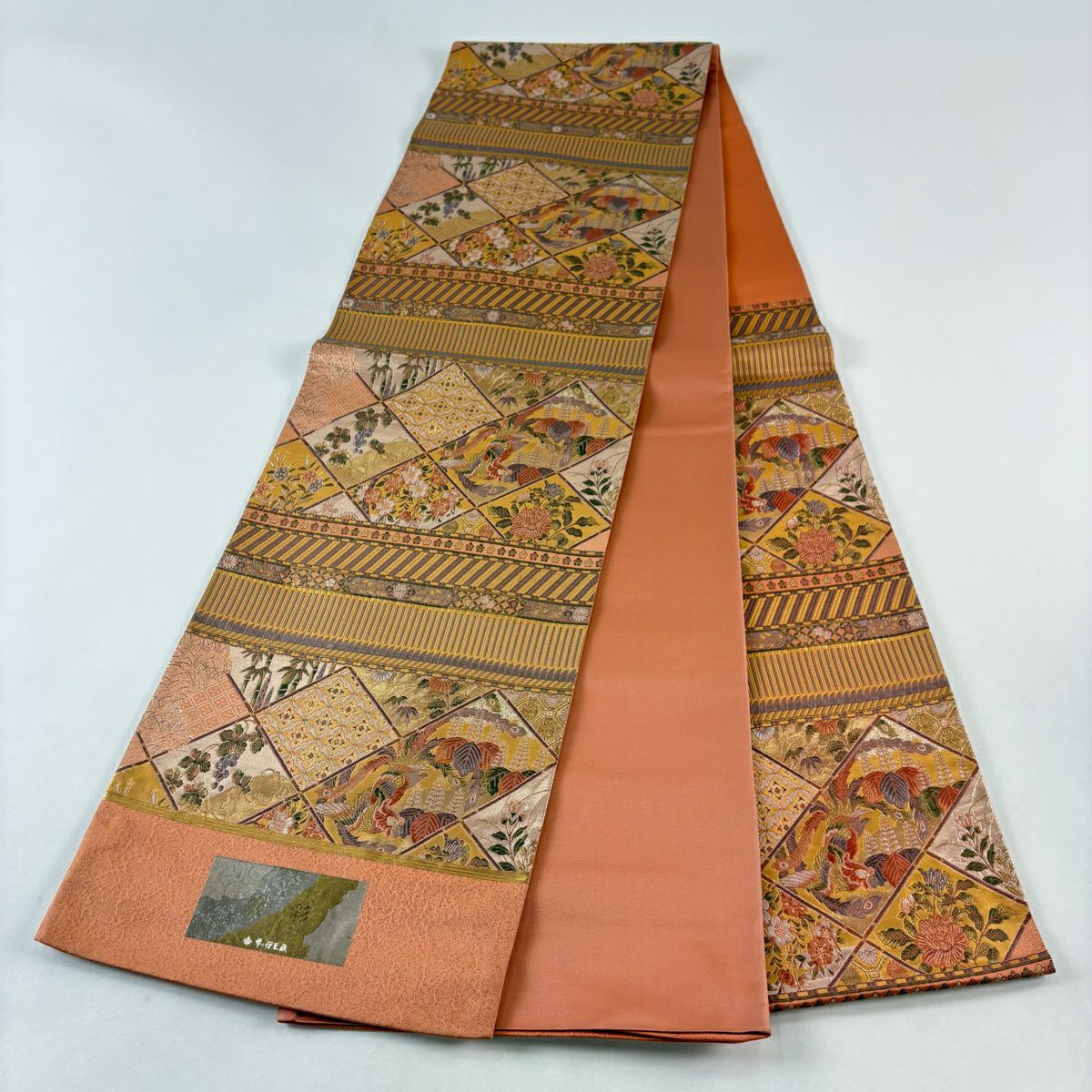 【美品】 袋帶 秀品級 證書齊全 鳳凰 草花紋紋 金金箔 金絲 鮭粉色 六通 純蠶絲