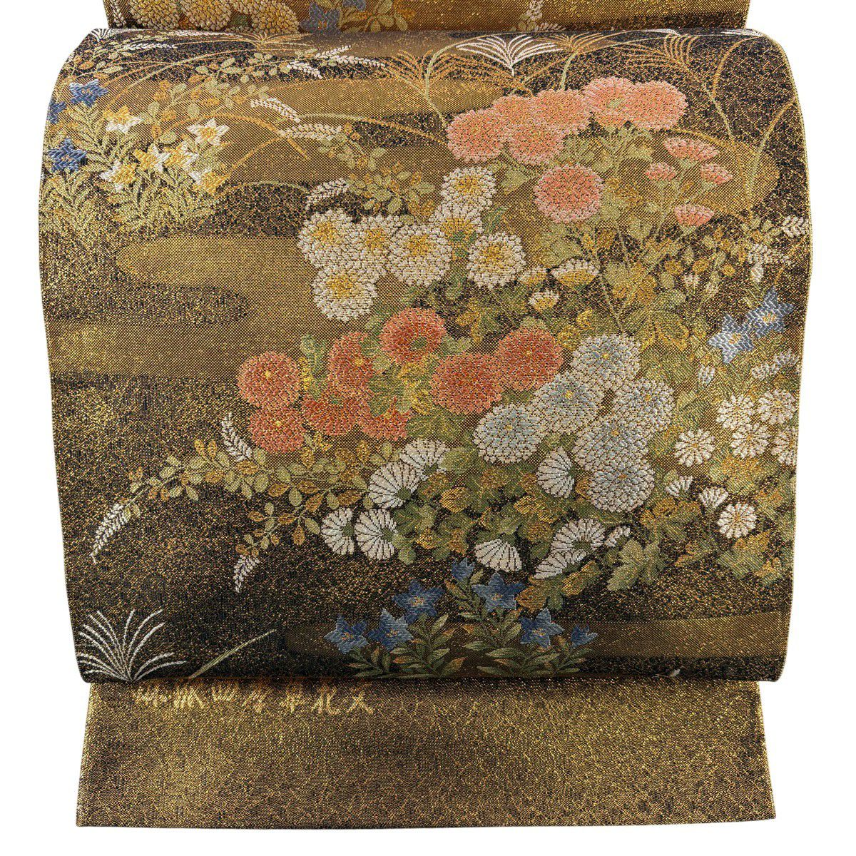 袋帶 秀品級 證書齊全 博多織 琳派四季草花紋紋 刺繡 金金箔 金色 六通 純蠶絲