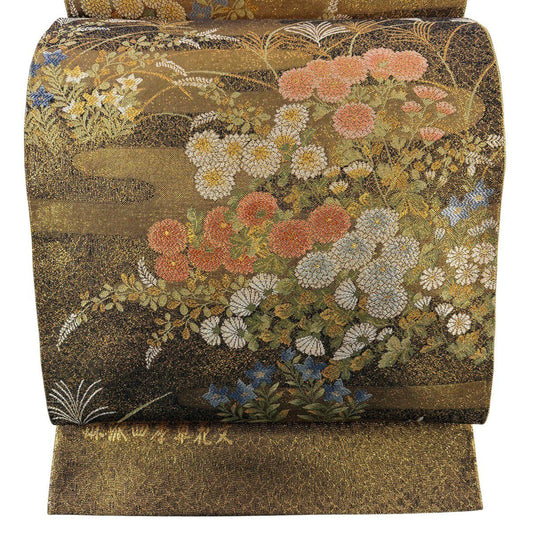 袋帶 秀品級 證書齊全 博多織 琳派四季草花紋紋 刺繡 金金箔 金色 六通 純蠶絲