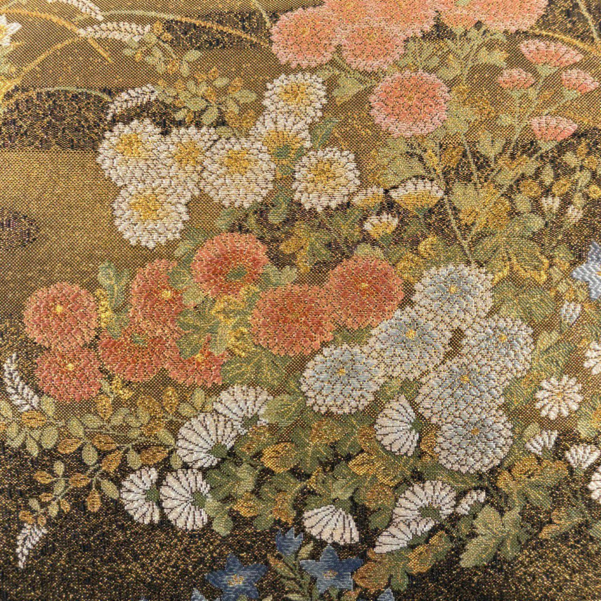 袋帶 秀品級 證書齊全 博多織 琳派四季草花紋紋 刺繡 金金箔 金色 六通 純蠶絲