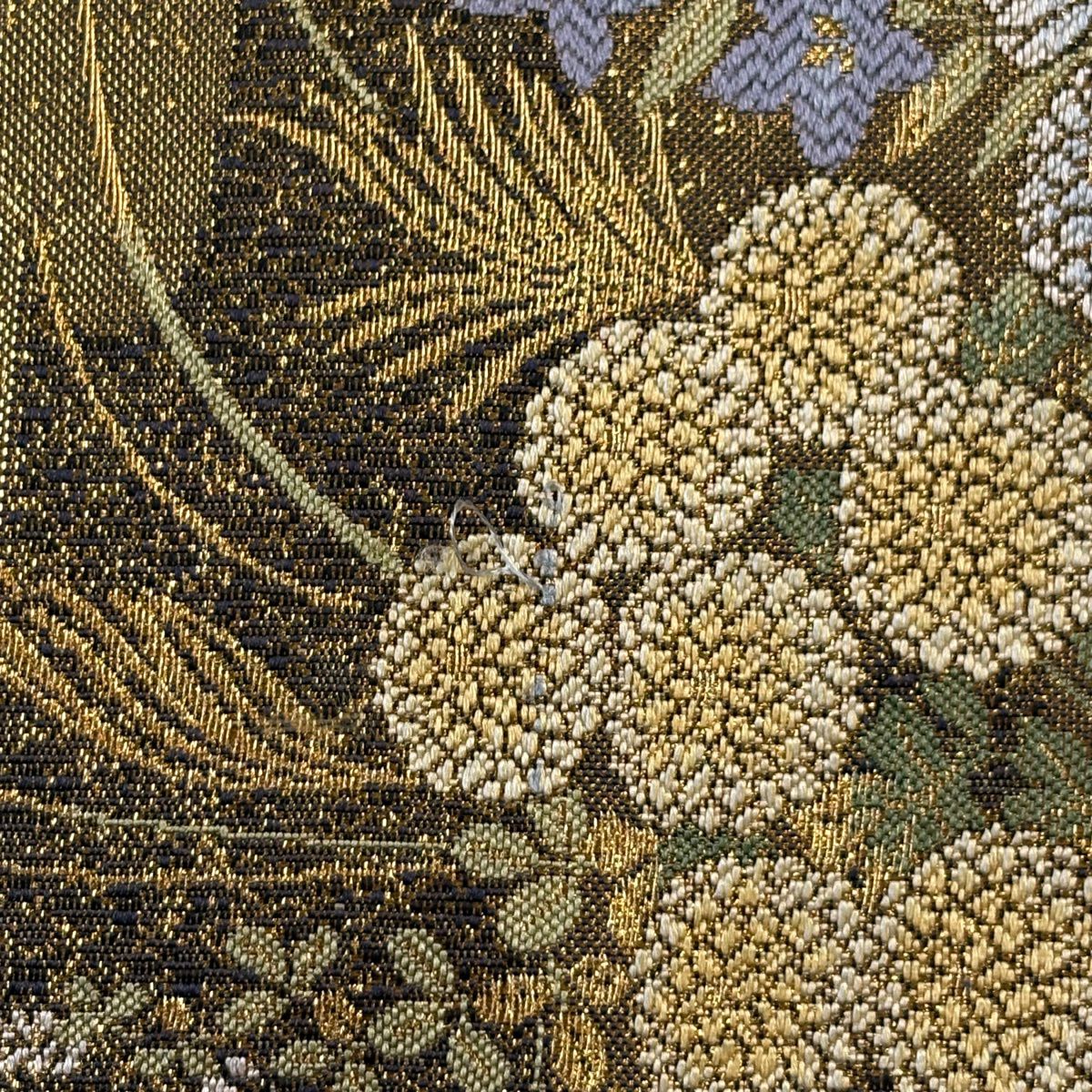 袋帶 秀品級 證書齊全 博多織 琳派四季草花紋紋 刺繡 金金箔 金色 六通 純蠶絲