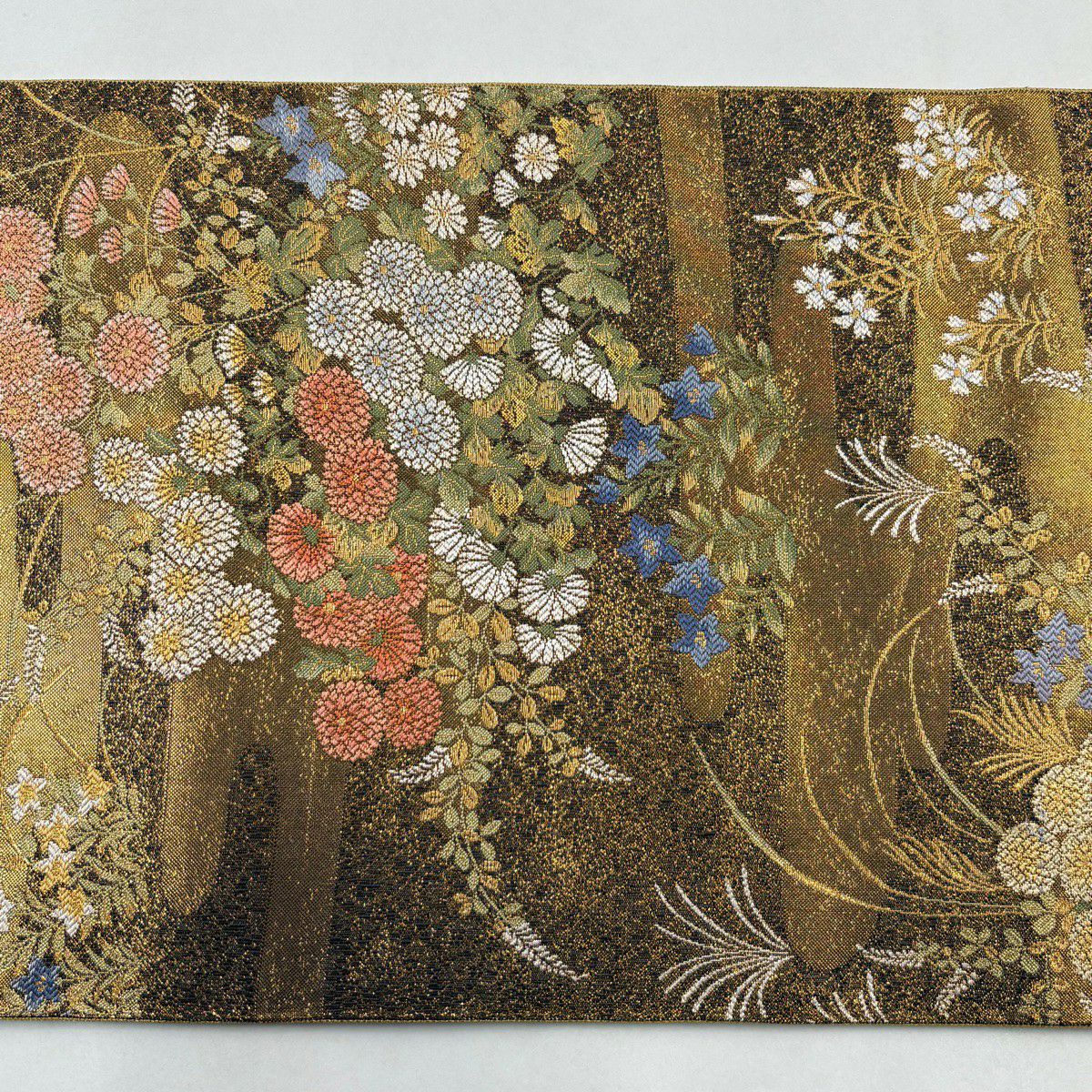 袋帶 秀品級 證書齊全 博多織 琳派四季草花紋紋 刺繡 金金箔 金色 六通 純蠶絲