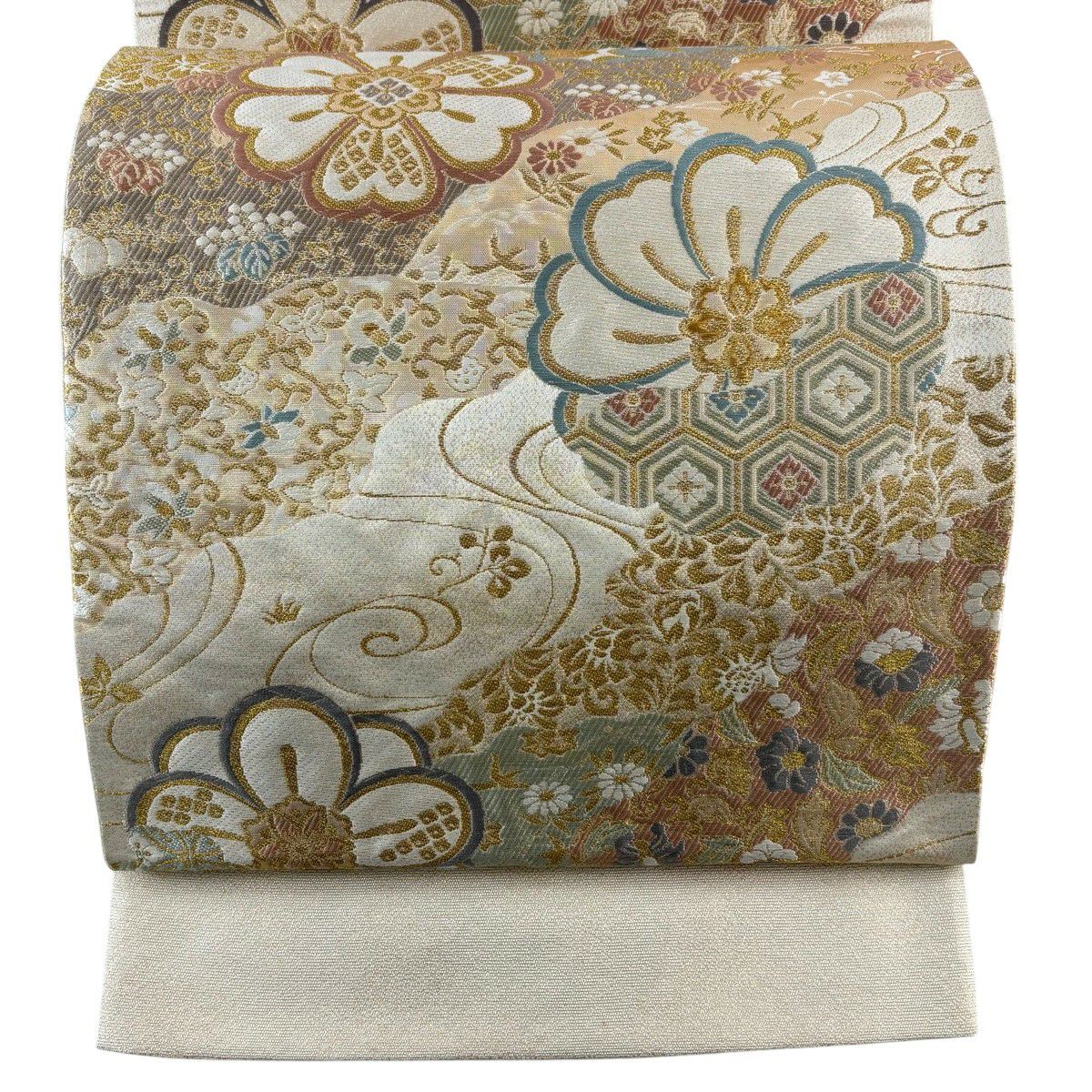 【美品】 袋帶 秀品級 證明書齊全 織彩吉祥錦 草花紋 龜甲 刺繡 金線 米色 六通 純蠶絲