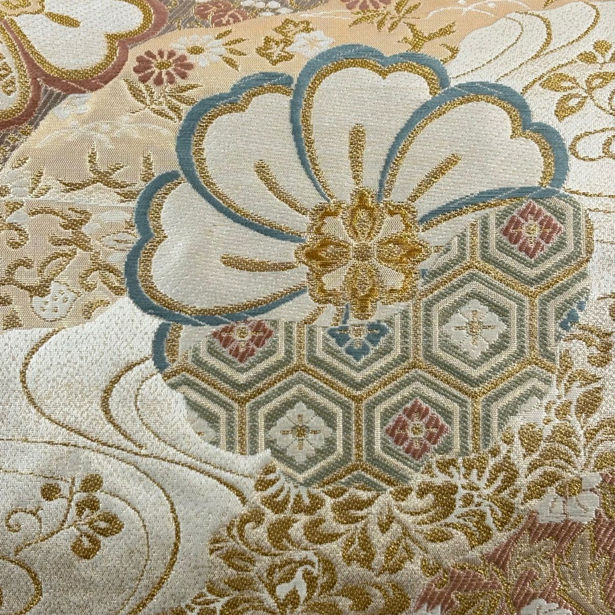【美品】 袋帶 秀品級 證明書齊全 織彩吉祥錦 草花紋 龜甲 刺繡 金線 米色 六通 純蠶絲