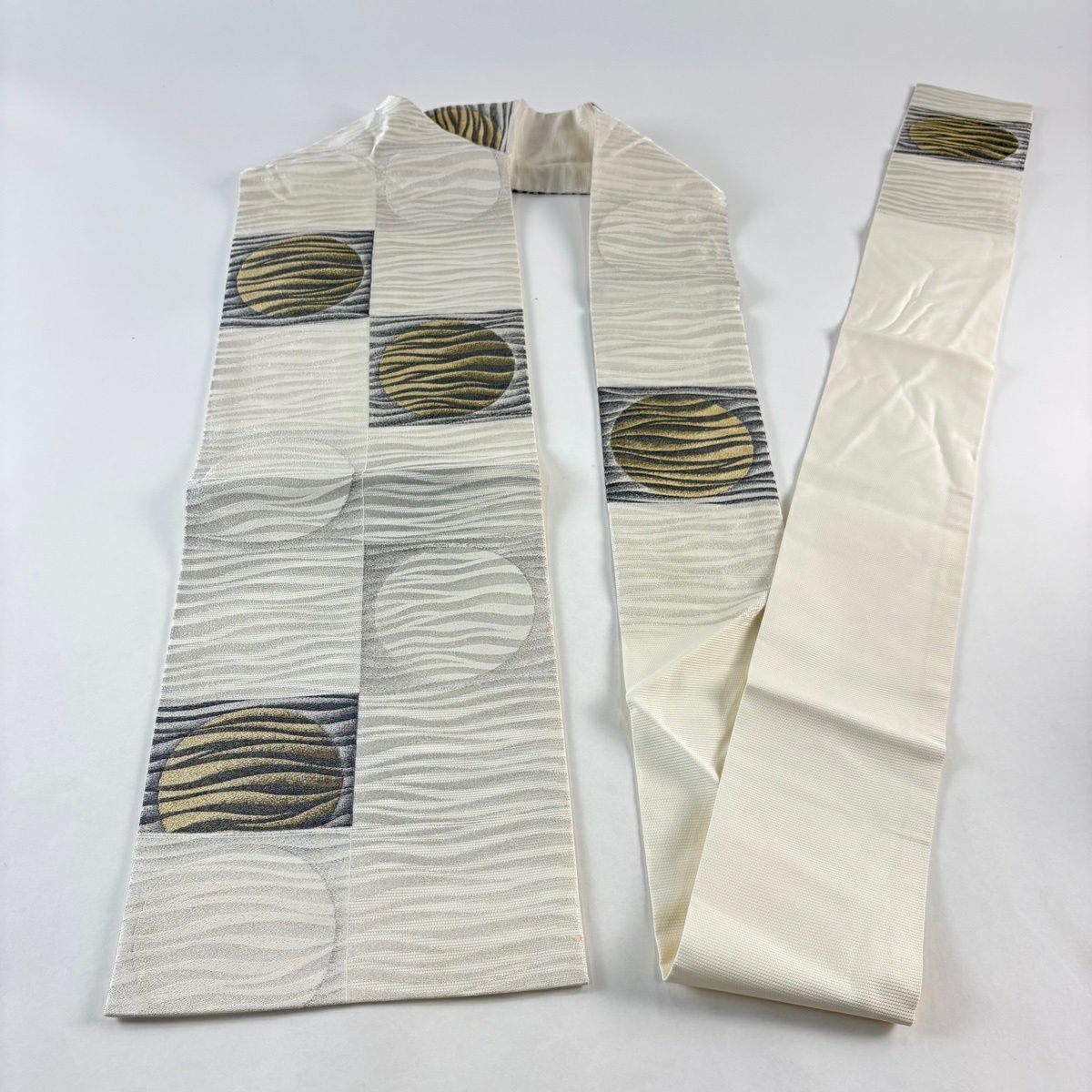 名古屋帶 秀品級 夏帶 絽 幾何圖案 金銀線 奶油色 純蠶絲