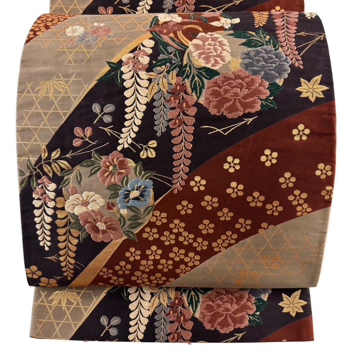 袋帶 秀品級 花丸紋 松樹竹子梅花 刺繡 金金箔 濃紫 六通 純蠶絲