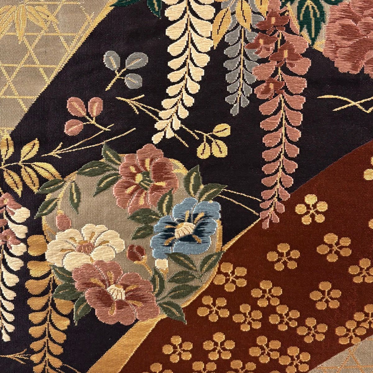 袋帶 秀品級 花丸紋 松樹竹子梅花 刺繡 金金箔 濃紫 六通 純蠶絲