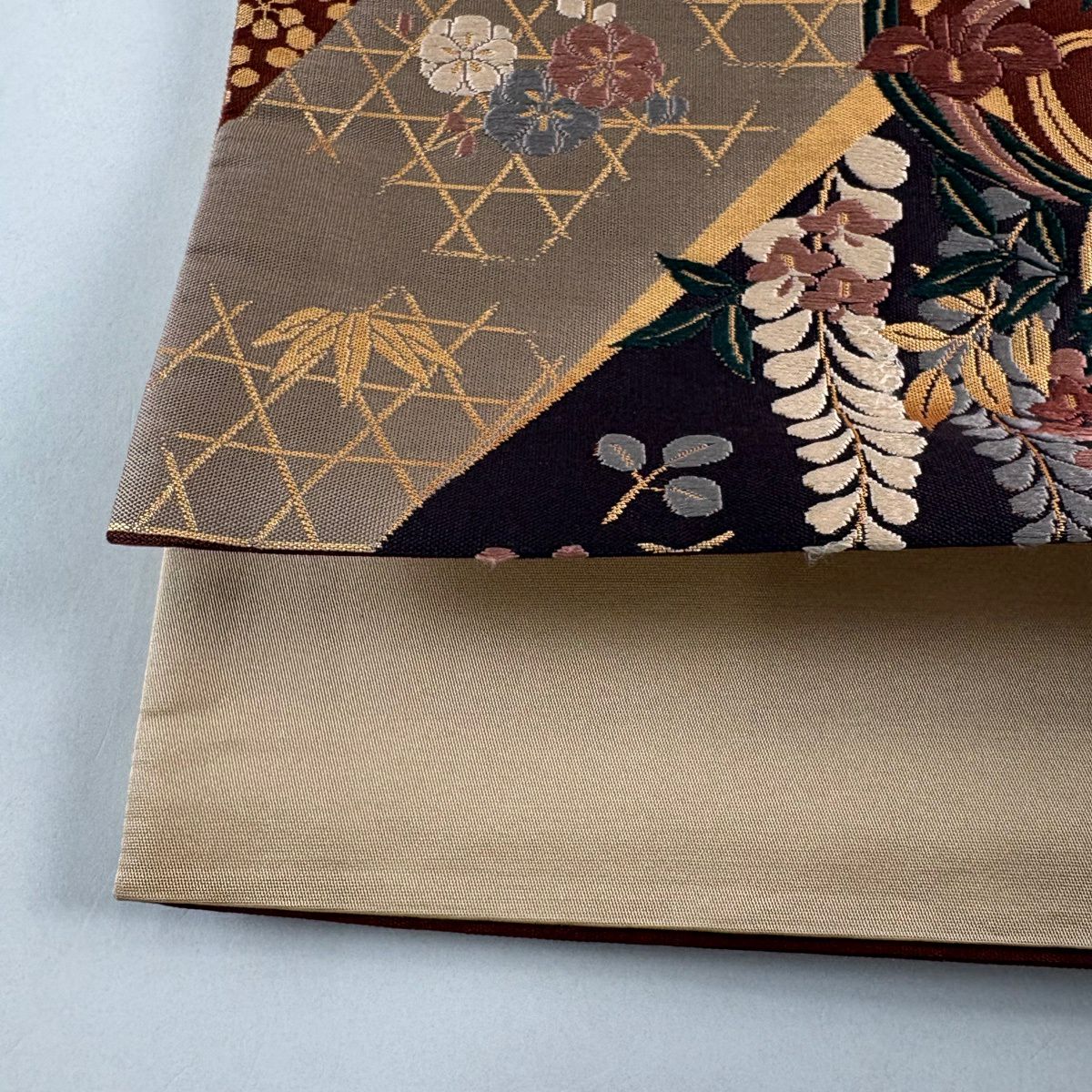 袋帶 秀品級 花丸紋 松樹竹子梅花 刺繡 金金箔 濃紫 六通 純蠶絲