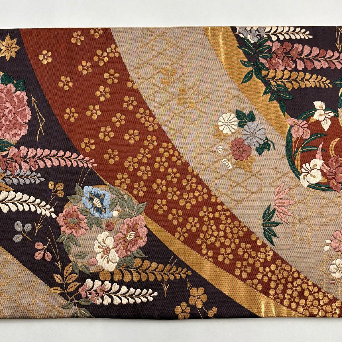 袋帶 秀品級 花丸紋 松樹竹子梅花 刺繡 金金箔 濃紫 六通 純蠶絲