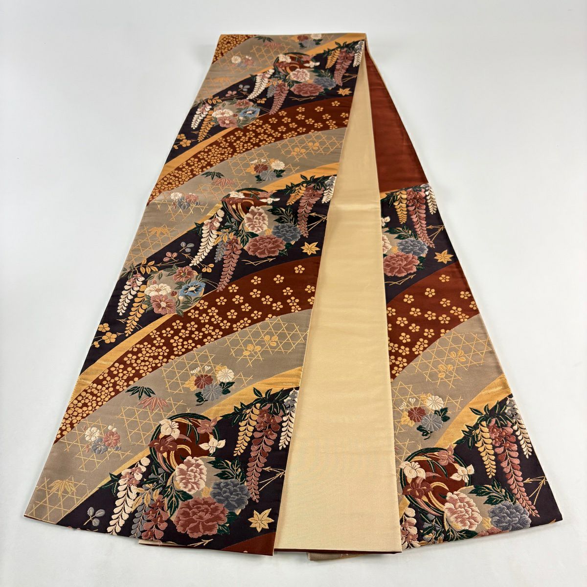 袋帶 秀品級 花丸紋 松樹竹子梅花 刺繡 金金箔 濃紫 六通 純蠶絲