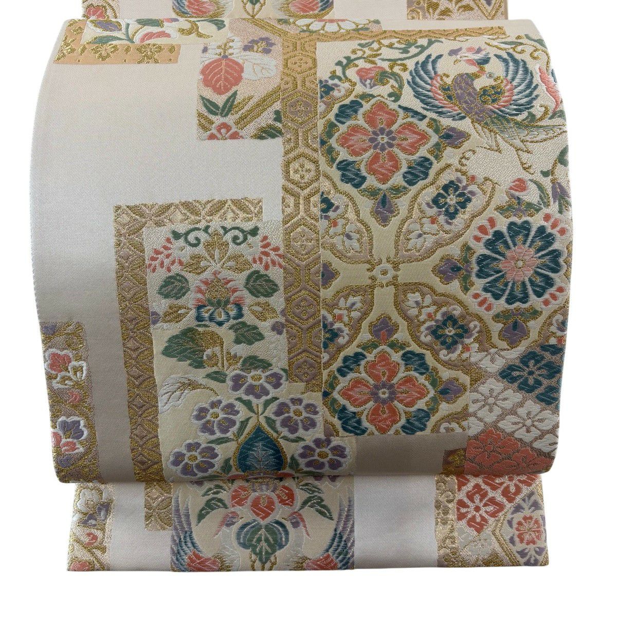 【美品】 袋帶 秀品級 華紋 鳳凰 刺繡 金線 米色 六通 純蠶絲