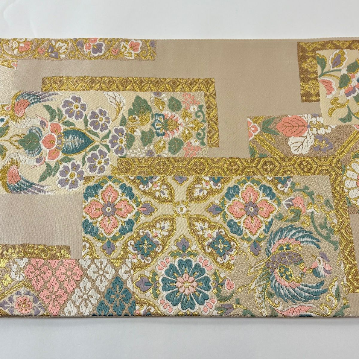 【美品】 袋帶 秀品級 華紋 鳳凰 刺繡 金線 米色 六通 純蠶絲