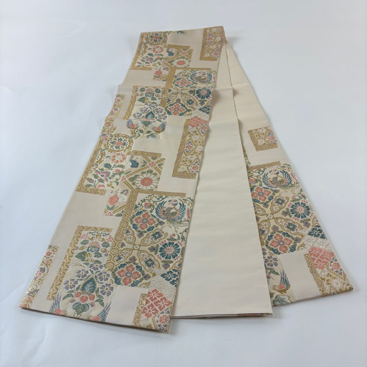 【美品】 袋帶 秀品級 華紋 鳳凰 刺繡 金線 米色 六通 純蠶絲