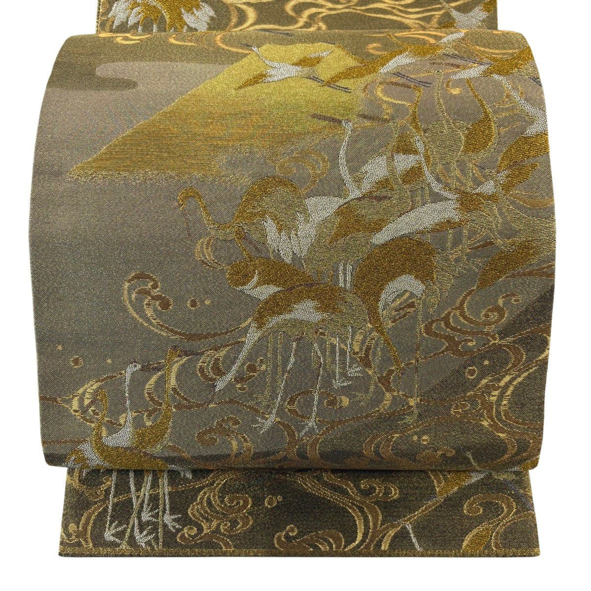 【美品】 袋帶 秀品級 群仙鶴圖 流水 金絲 金金箔 金色 六通 純蠶絲
