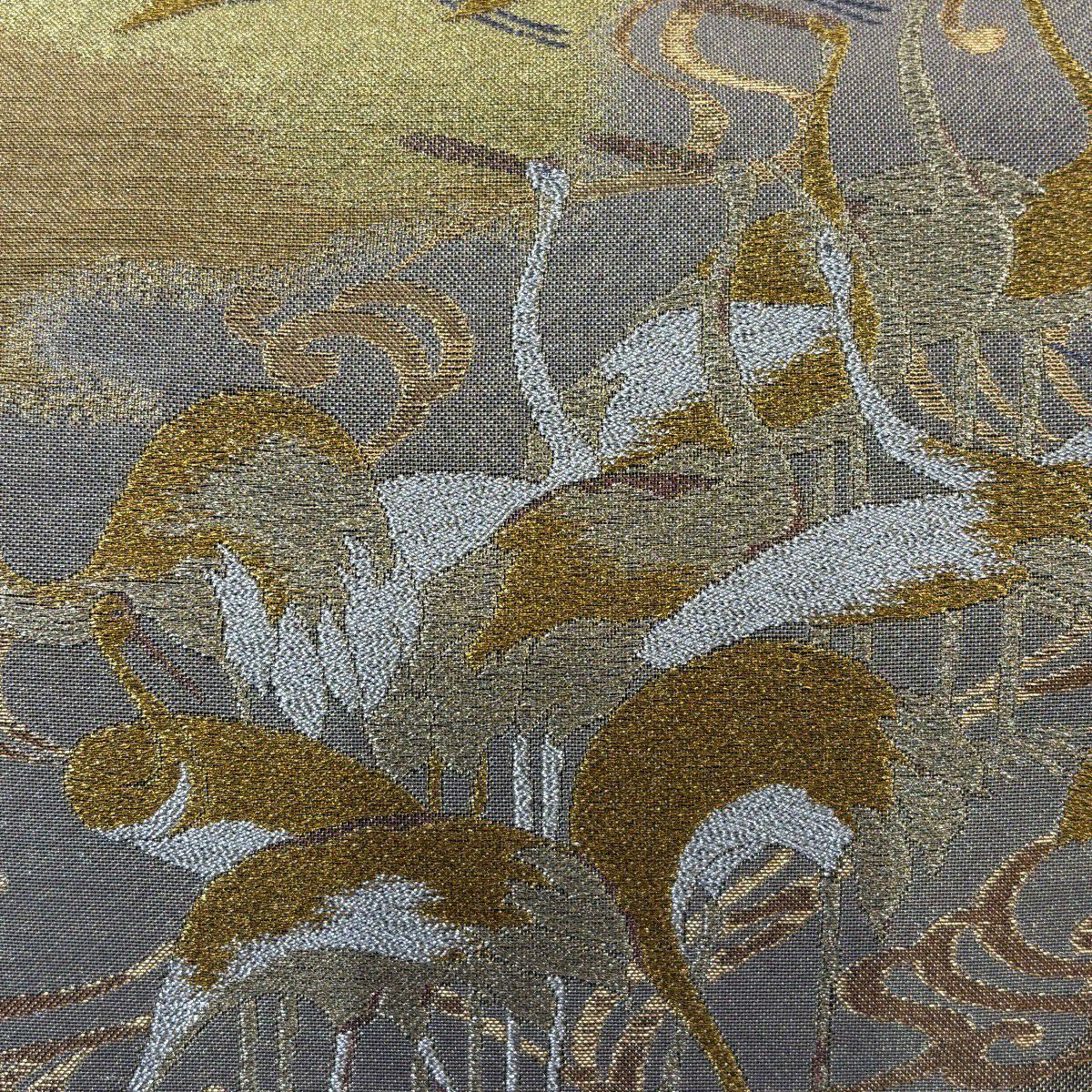 【美品】 袋帶 秀品級 群仙鶴圖 流水 金絲 金金箔 金色 六通 純蠶絲