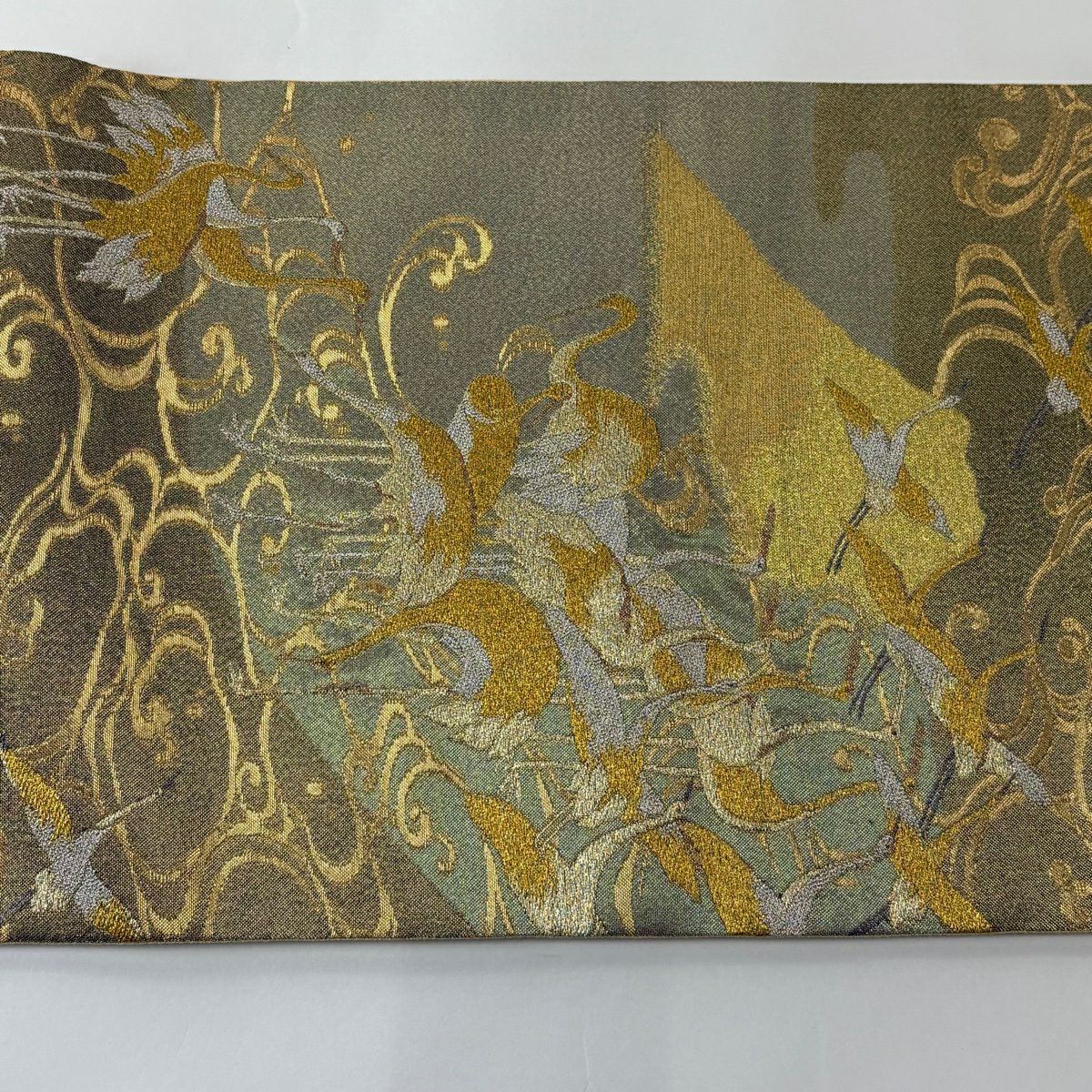 【美品】 袋帶 秀品級 群仙鶴圖 流水 金絲 金金箔 金色 六通 純蠶絲