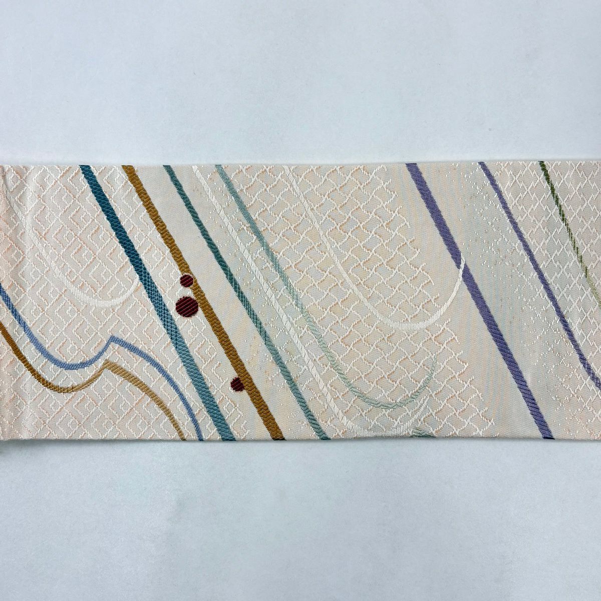 【美品】名古屋帶 秀品級 幾何圖案 松樹皮菱 奶油色 純蠶絲
