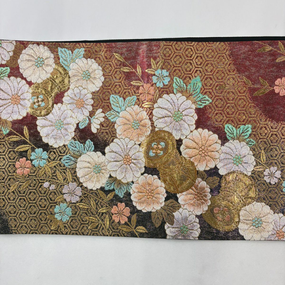 袋帶 秀品級 鼓 菊花 金銀彩 金金箔 黑 六通 純蠶絲