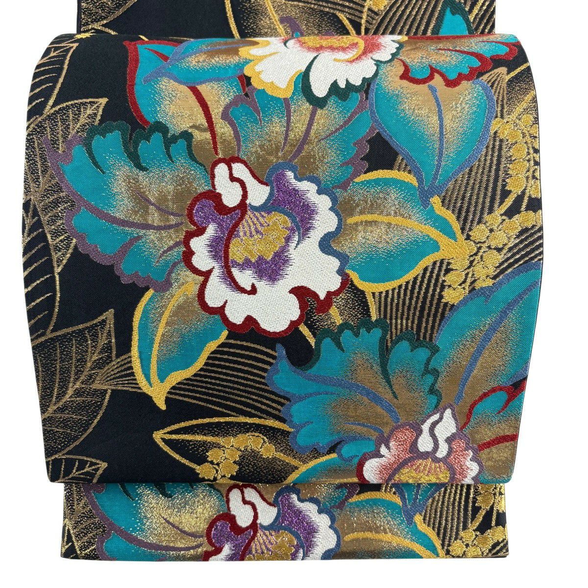【美品】 袋帶 秀品級 草花紋 金糸 金金箔 黑 六通 純蠶絲