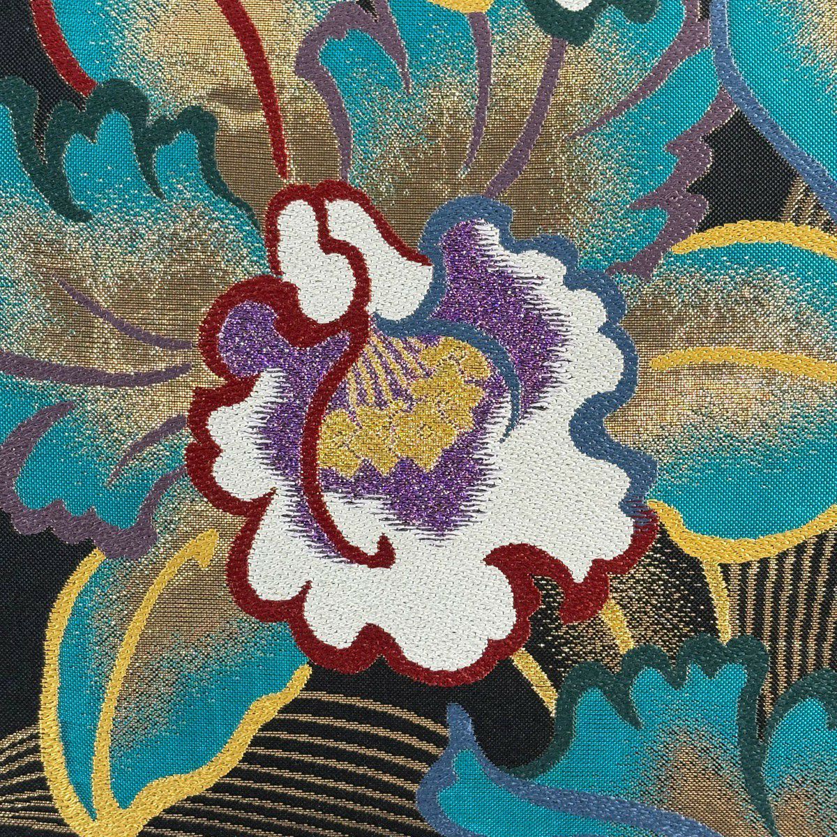 【美品】 袋帶 秀品級 草花紋 金糸 金金箔 黑 六通 純蠶絲