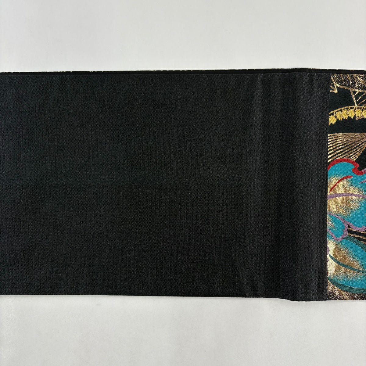 【美品】 袋帶 秀品級 草花紋 金糸 金金箔 黑 六通 純蠶絲