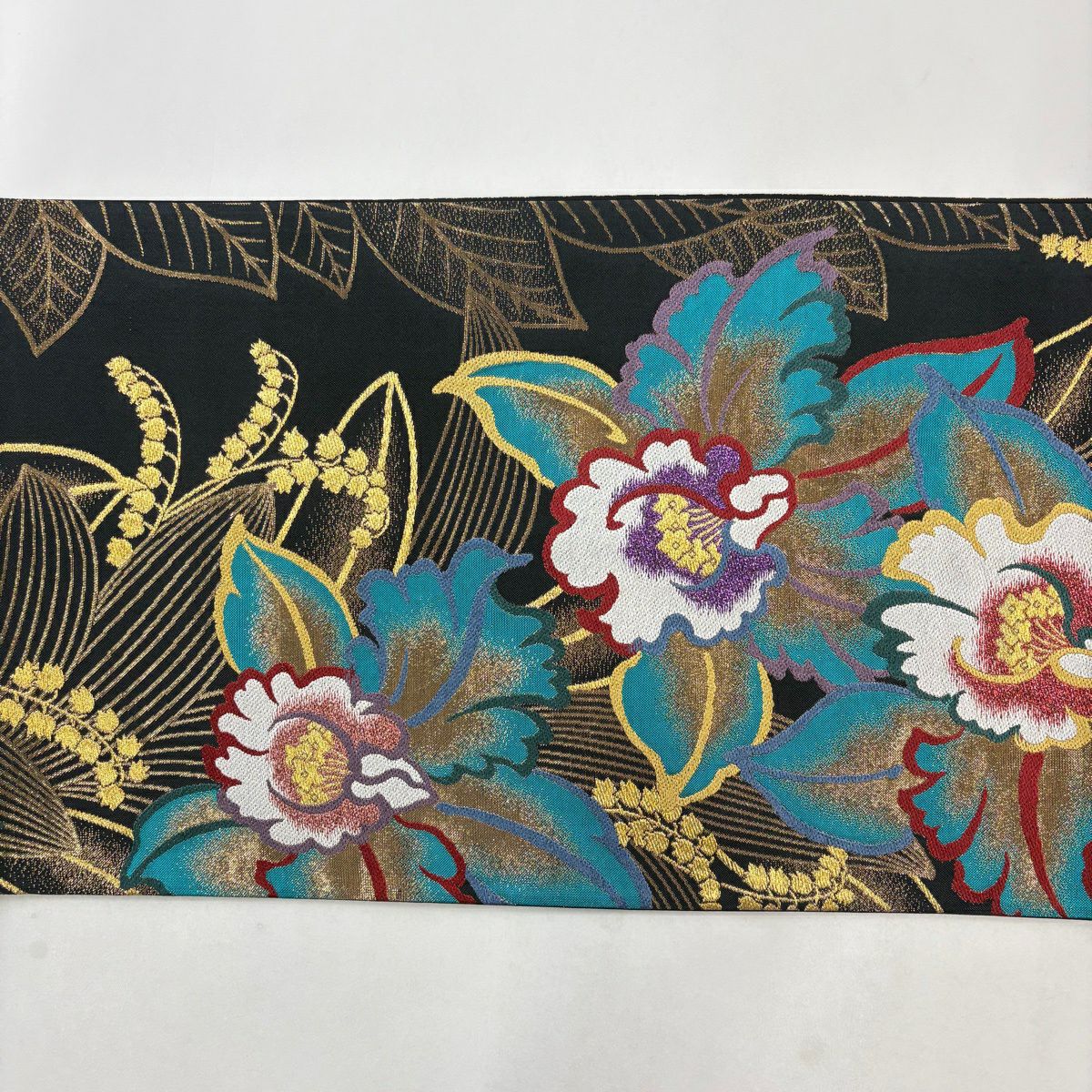 【美品】 袋帶 秀品級 草花紋 金糸 金金箔 黑 六通 純蠶絲