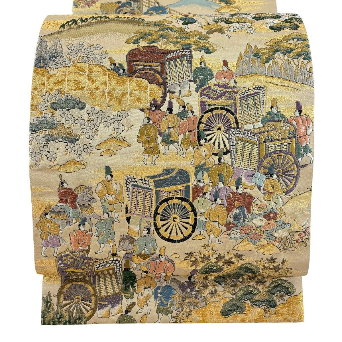 【美品】 袋帶 秀品級 御所車 人物 金絲 金金箔 淺茶 細鼓圖案 純蠶絲