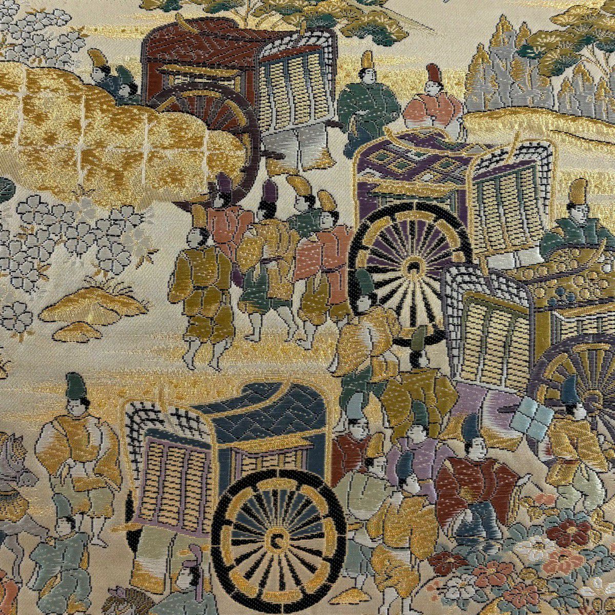 【美品】 袋帶 秀品級 御所車 人物 金絲 金金箔 淺茶 細鼓圖案 純蠶絲