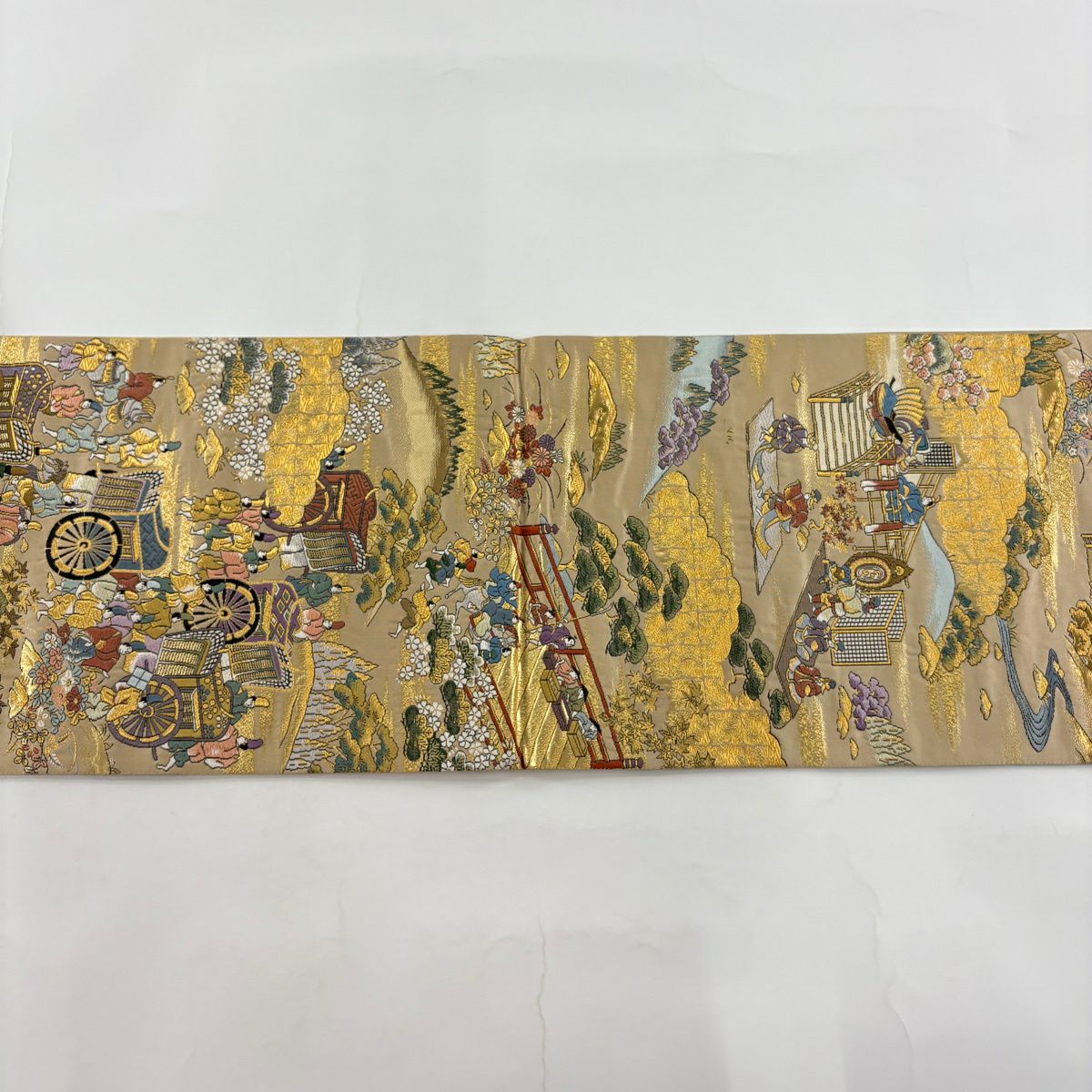 【美品】 袋帶 秀品級 御所車 人物 金絲 金金箔 淺茶 細鼓圖案 純蠶絲