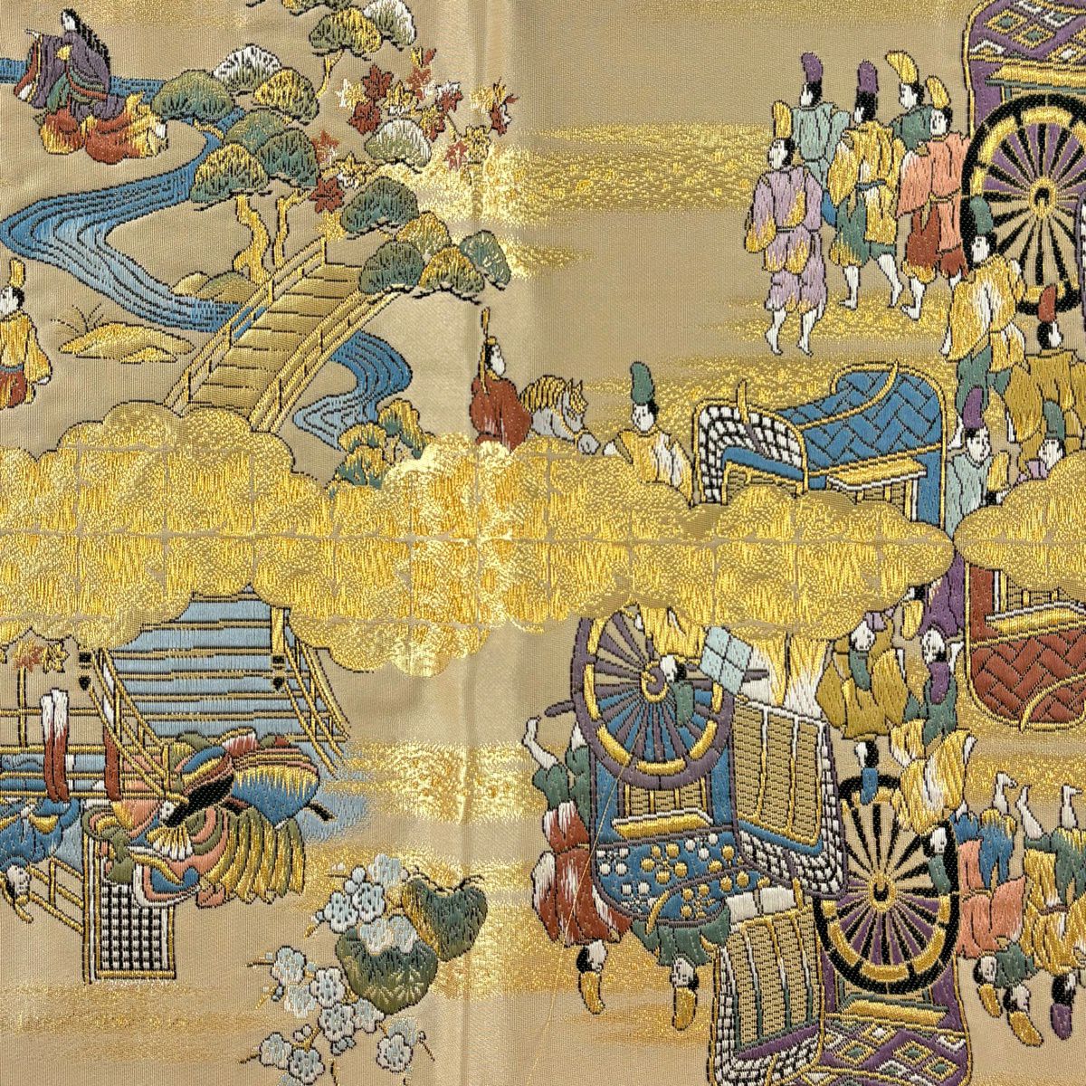 【美品】 袋帶 秀品級 御所車 人物 金絲 金金箔 淺茶 細鼓圖案 純蠶絲