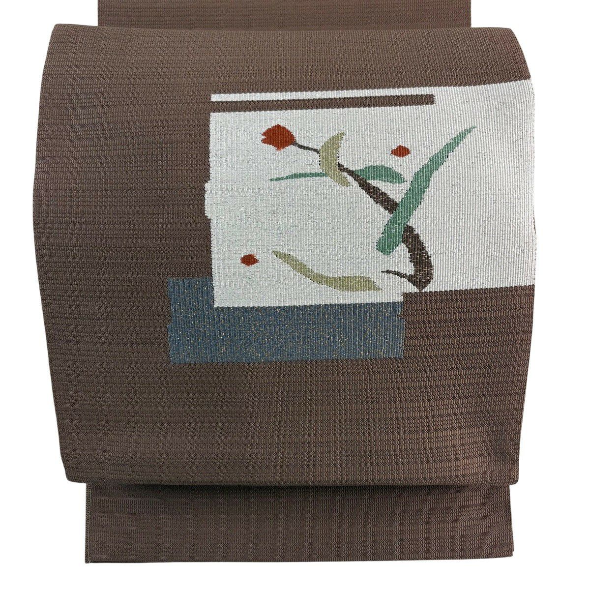 【美品】 名古屋帶 優品級 松樹葉仕立 八寸名古屋帶 草花紋紋 幾何學圖案 金金箔 茶 純蠶絲