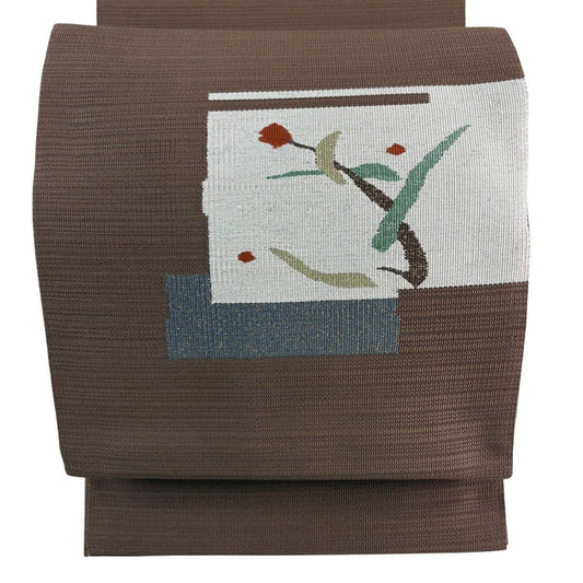【美品】 名古屋帶 優品級 松樹葉仕立 八寸名古屋帶 草花紋紋 幾何學圖案 金金箔 茶 純蠶絲