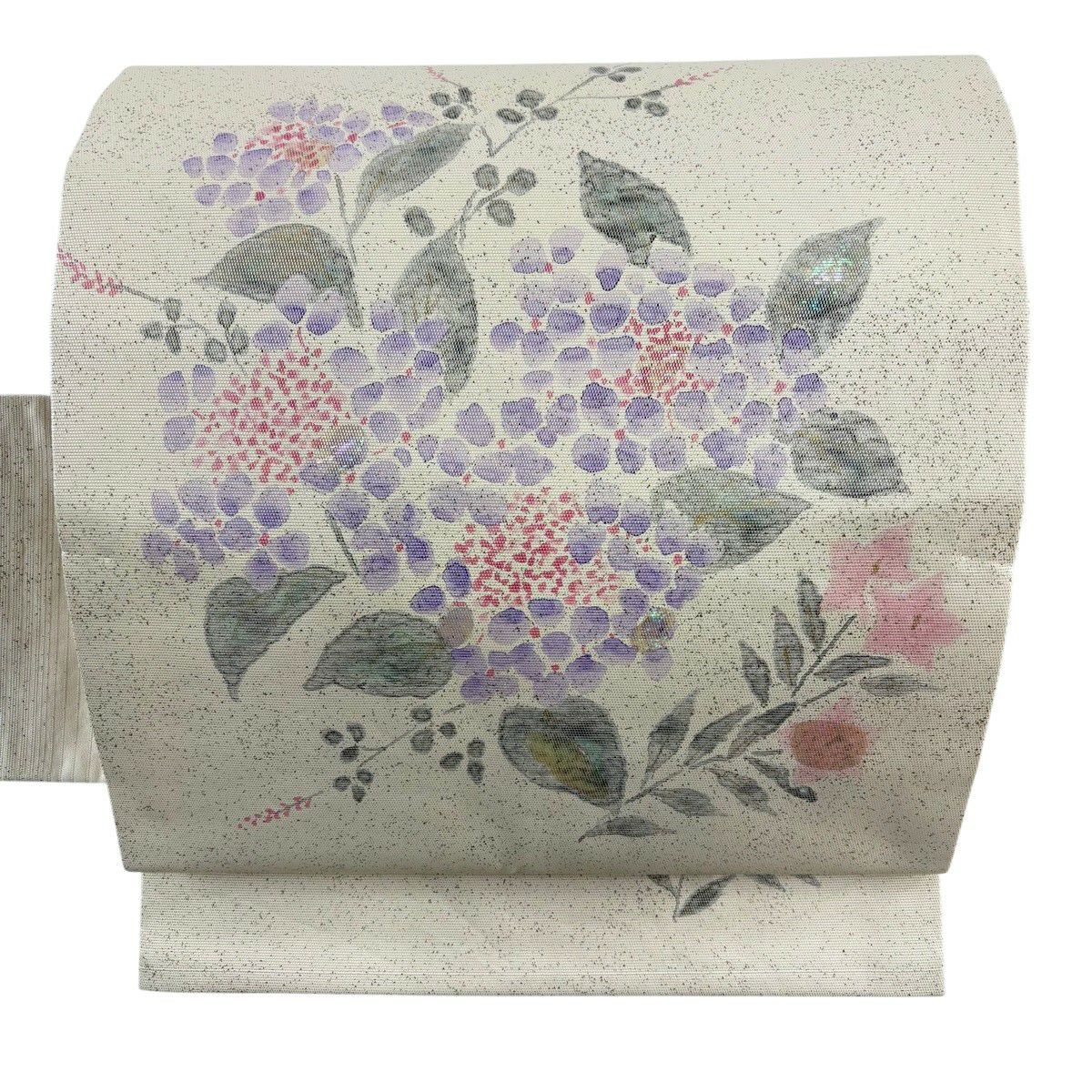 【美品】名古屋帶 秀品級 紫陽花 桔梗 金金箔 奶油色 純蠶絲