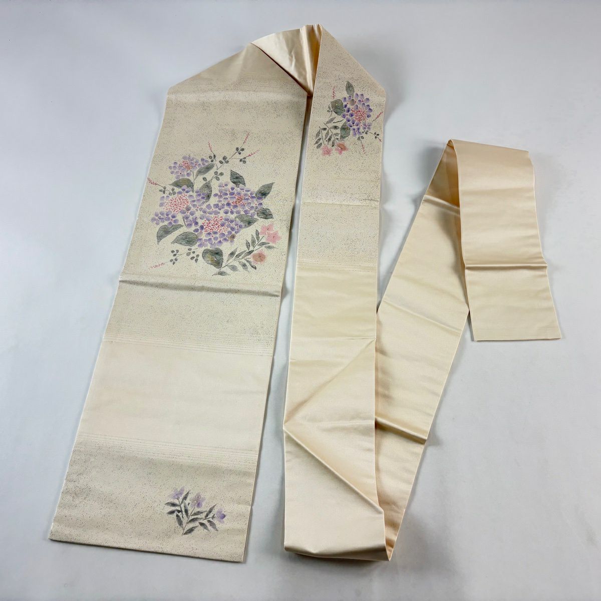 【美品】名古屋帶 秀品級 紫陽花 桔梗 金金箔 奶油色 純蠶絲