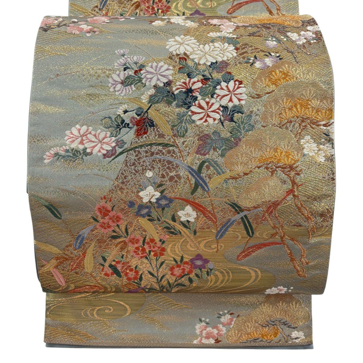 【美品】 袋帶 秀品級 關西仕立 日本的美 笠松樹 草花紋紋 金線 金金箔 灰綠 六通 純蠶絲