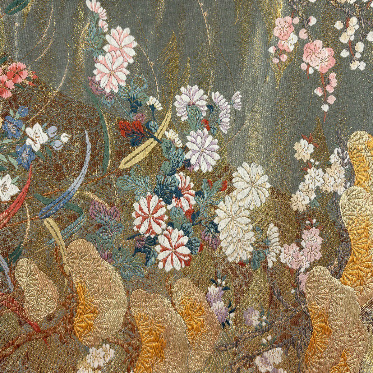 【美品】 袋帶 秀品級 關西仕立 日本的美 笠松樹 草花紋紋 金線 金金箔 灰綠 六通 純蠶絲