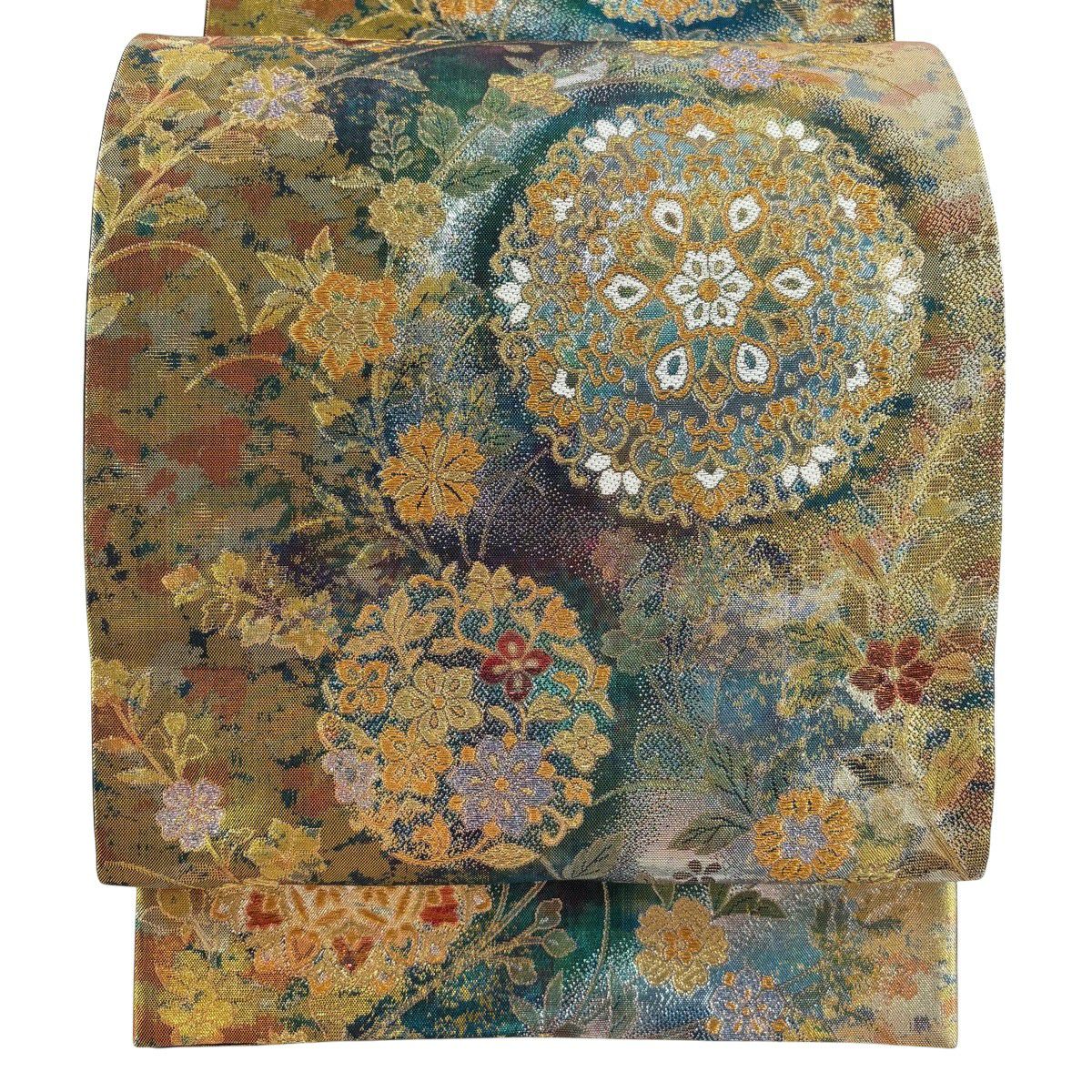 【美品】 袋帶 秀品級 華紋 草花紋 金糸 金金箔 青綠 六通 純蠶絲