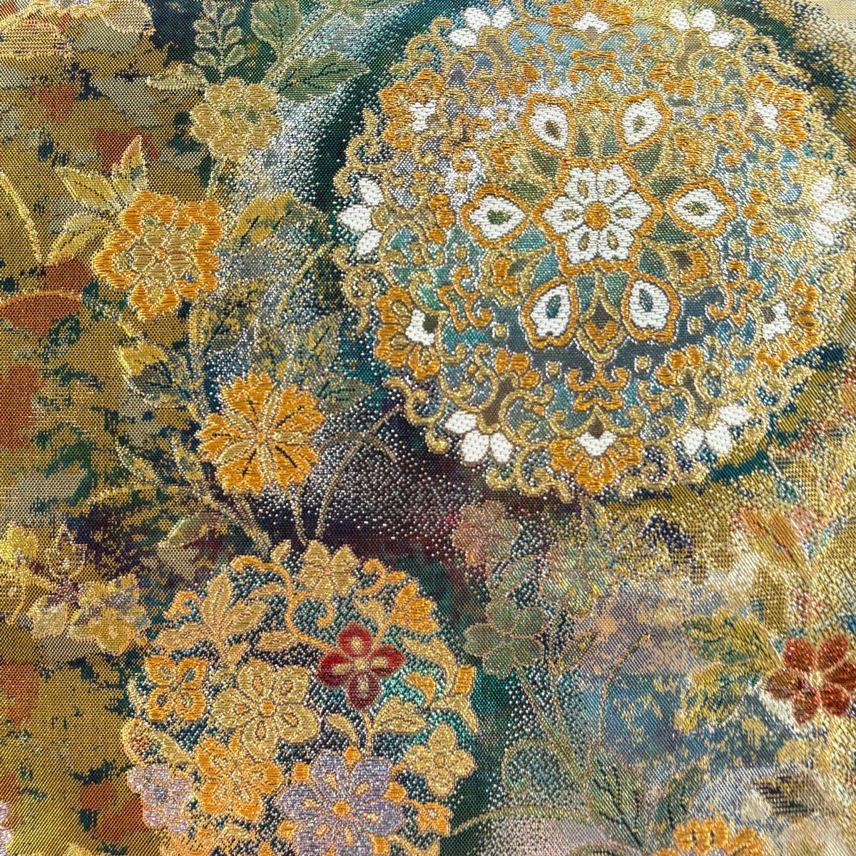 【美品】 袋帶 秀品級 華紋 草花紋 金糸 金金箔 青綠 六通 純蠶絲