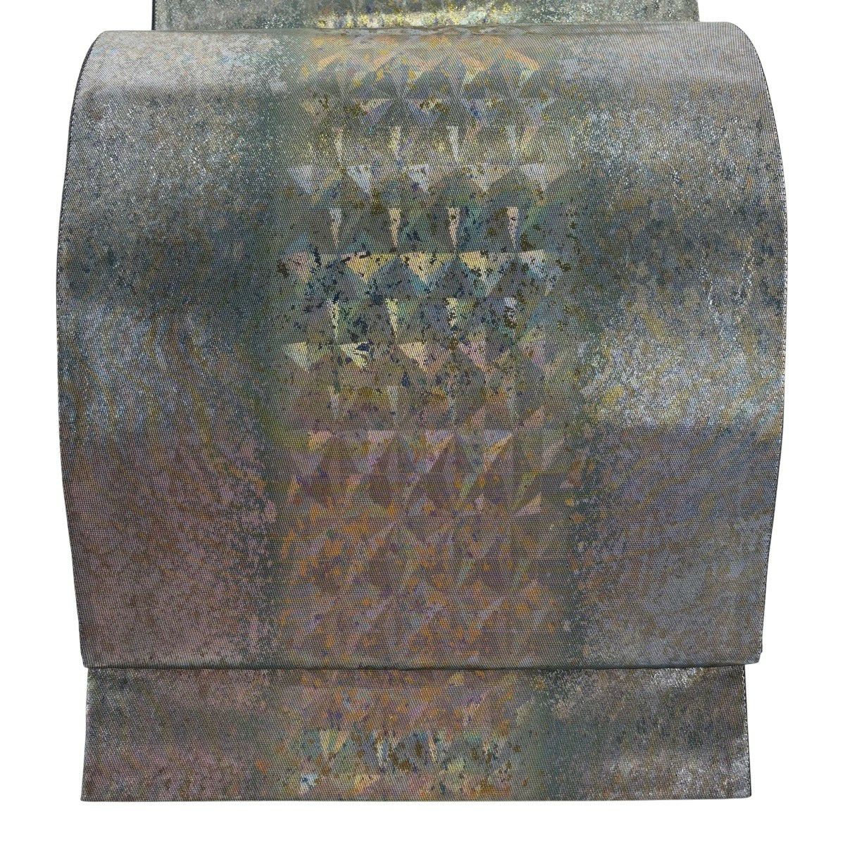 【美品】 袋帶 秀品級 幾何圖案 金金箔 銀 六通 純蠶絲