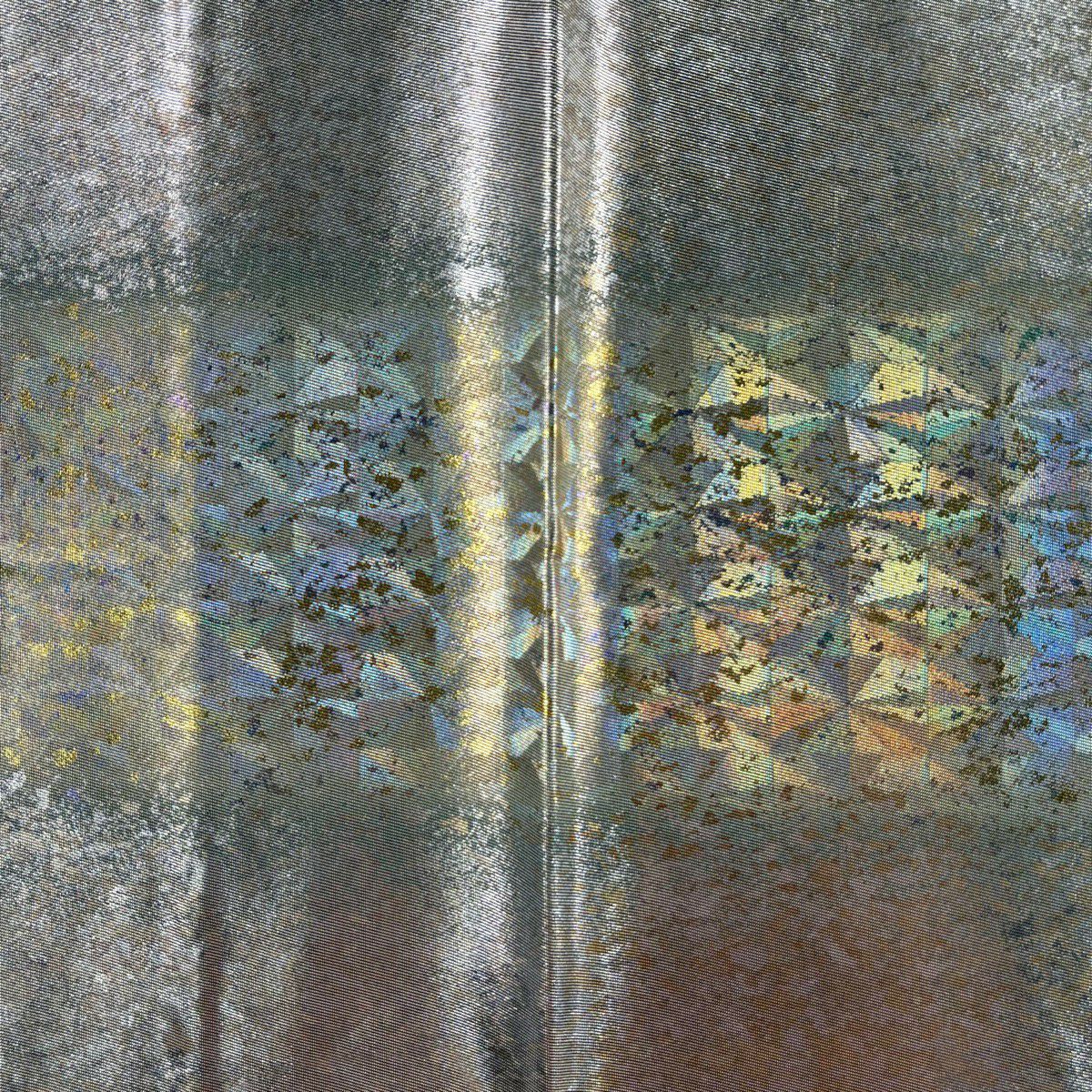 【美品】 袋帶 秀品級 幾何圖案 金金箔 銀 六通 純蠶絲