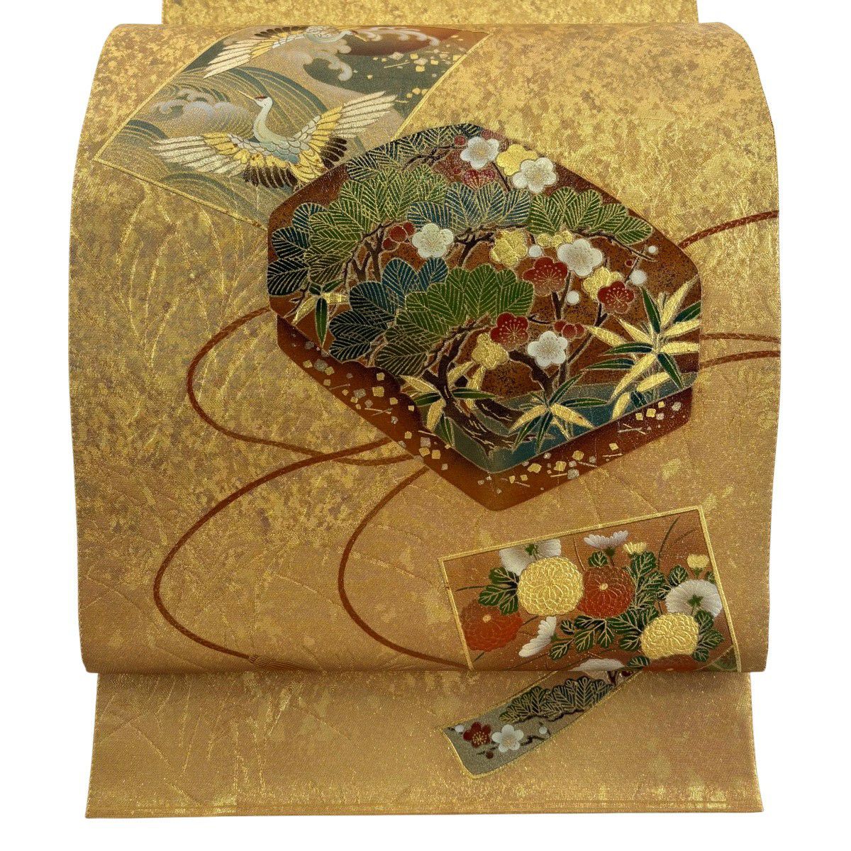 袋帶 秀品級 附落款 文箱 松樹竹子梅花 金銀彩 金色 大鼓圖案 純蠶絲